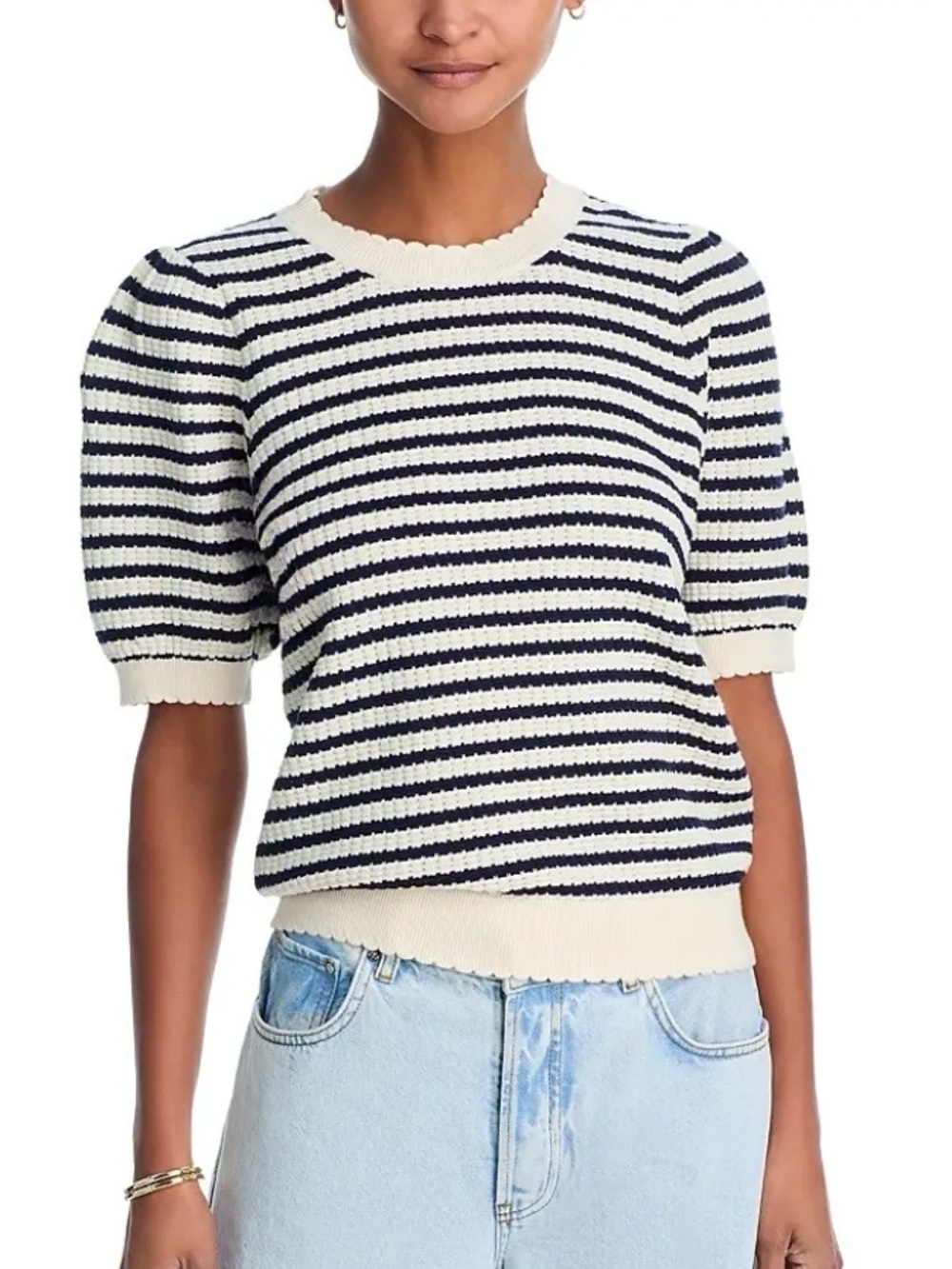 Aqua Women's Striped Puff Sleeve Knit Sweater - Navy and White size XL